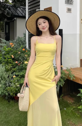 Unique Mermaid Pastel Yellow Spaghetti Straps Satin Chiffon Long Prom Dress, Evening Dress - FashionDia