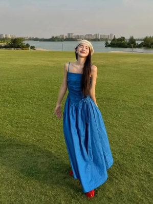 Blue Pretty A-Line Spaghetti Straps Satin Long Prom Dress, Evening Dress - FashionDia