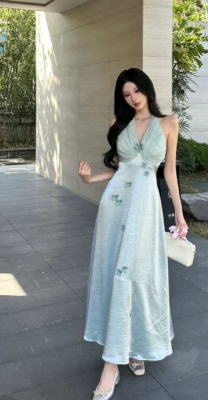 Classy A-Line Halter Satin Applique Long Prom Dress, Evening Dress - FashionDia