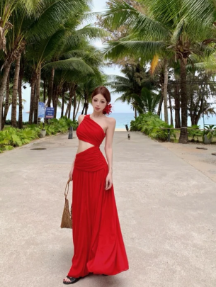Classy Red A-Line One-Shoulder Chiffon Long Prom Dress, Evening Dress - FashionDia