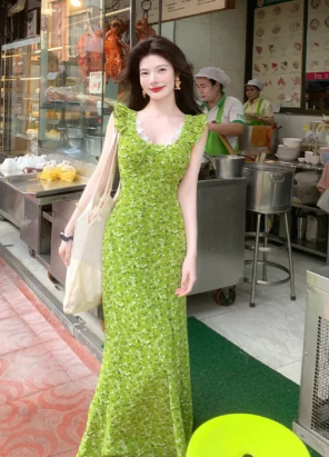 Charming Mermaid U Neck Satin Floral Long Prom Dress, Evening Dress - FashionDia
