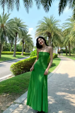 Charming A-Line Green Strapless Satin Long Prom Dress, Evening Dress - FashionDia