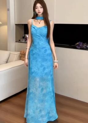 Charming A-Line Spaghetti Straps Printed Satin Chiffon Long Prom Dress, Evening Dress - FashionDia