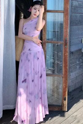 Charming A-Line One-Shoulder Printed Chiffon Long Prom Dress, Evening Dress - FashionDia