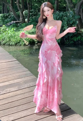 Chic A-Line Spaghetti Straps Chiffon Long Prom Dress, Evening Dress - FashionDia