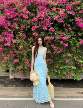 Chic Mermaid Halter Lace Long Prom Dress, Evening Dress - FashionDia