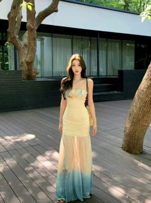 Chic Mermaid Spaghetti Straps Chiffon Applique Long Prom Dress, Evening Dress - FashionDia