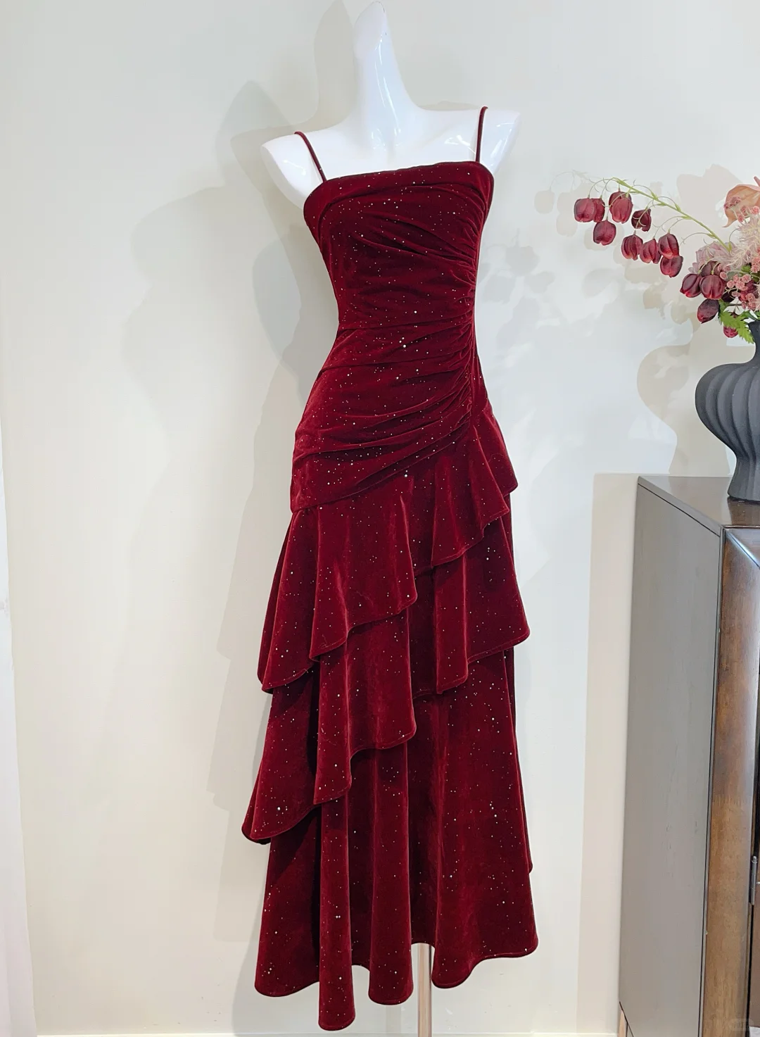 Shiny Burgundy Mermaid Spaghetti Straps Velvet Beads Long Prom Dress, Evening Dress - FashionDia