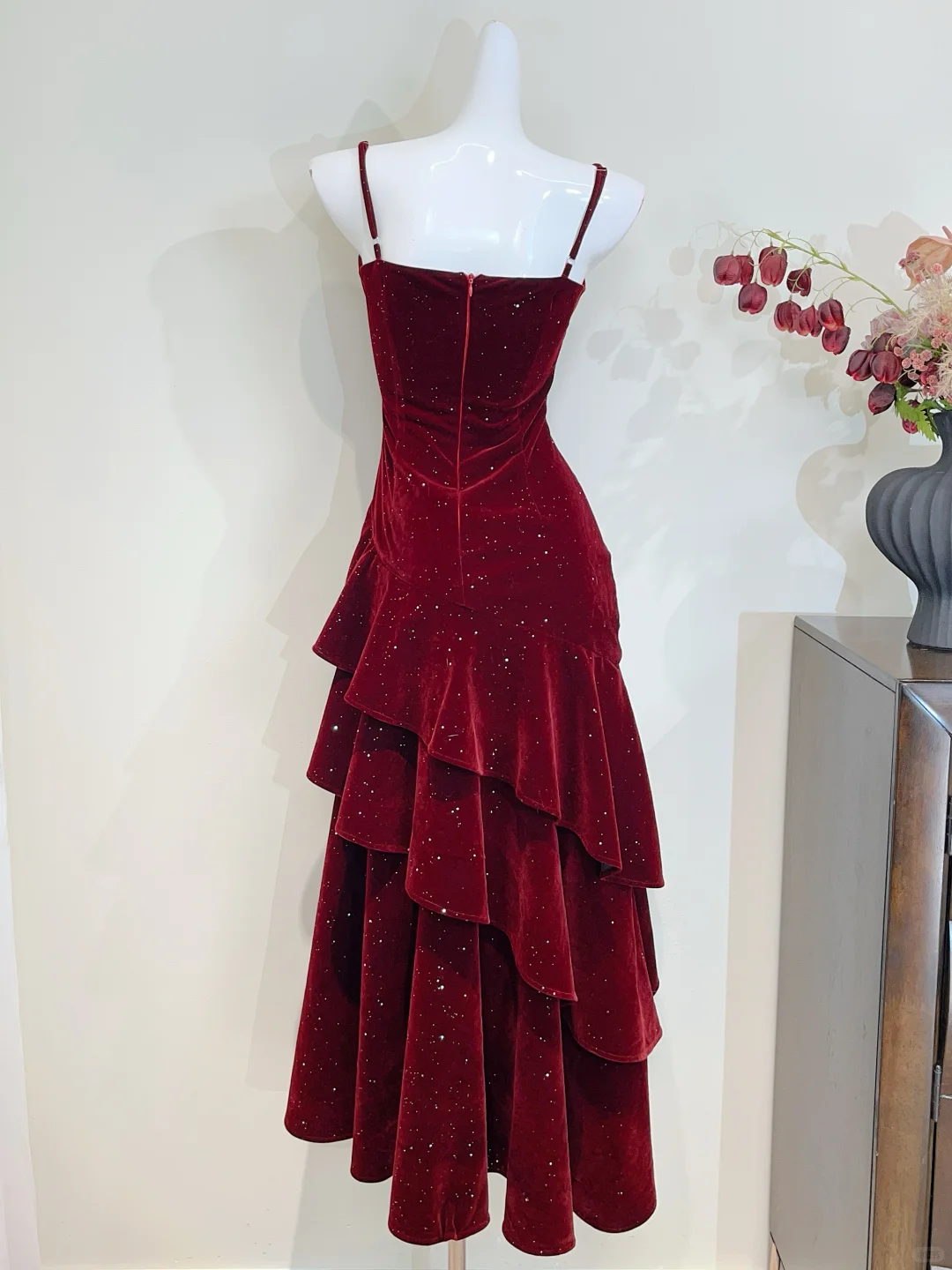 Shiny Burgundy Mermaid Spaghetti Straps Velvet Beads Long Prom Dress, Evening Dress - View 3 | FashionDia