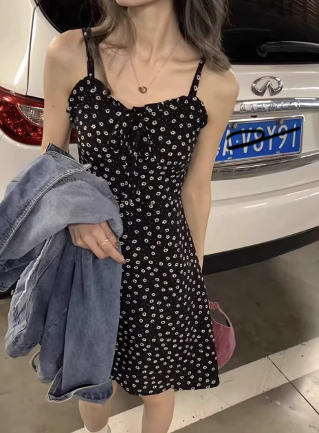 French style black floral print slip dress, new chiffon Short Dress - FashionDia