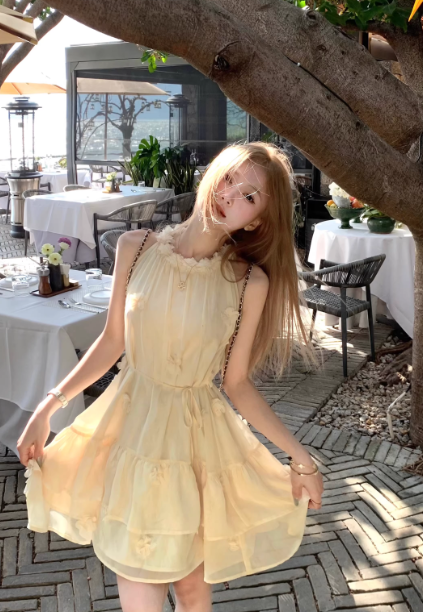 Creamy yellow halter neck dress, French style tulle short dress - FashionDia