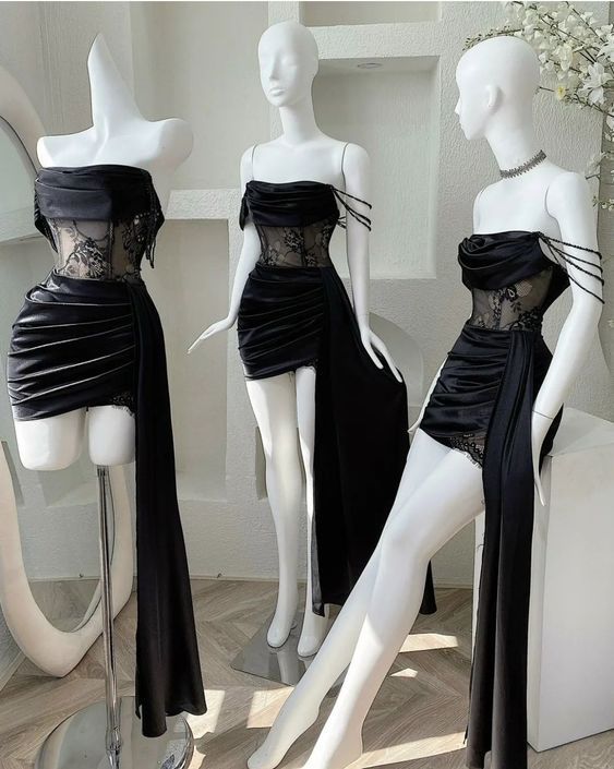 Elegant Sheath Strapless Black Satin Homecoming Dress Birthday Outfits - FashionDia