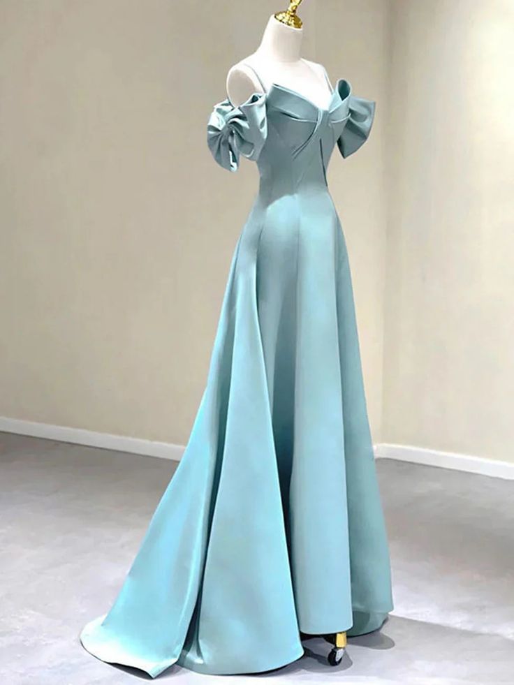 Vintage A line Straps Blue Satin Long Prom Dress