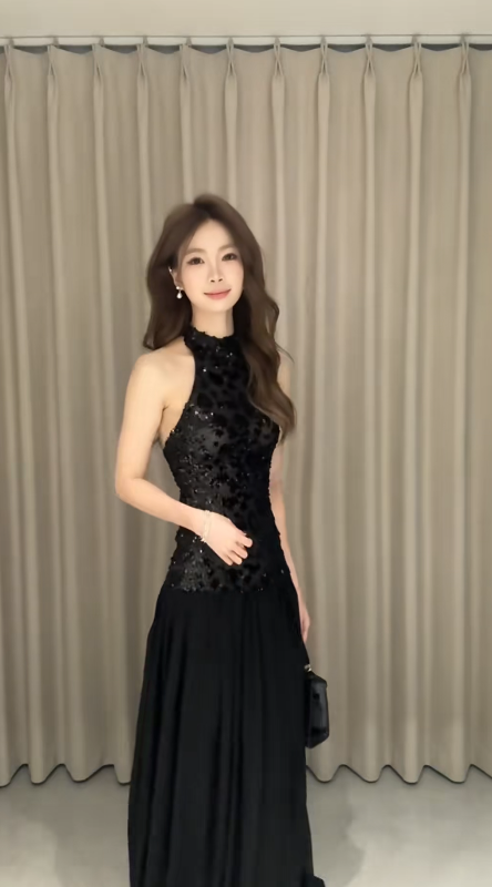 Elegant Black A-Line Halter Satin Sequin Long Prom Dress, Evening Dress - FashionDia
