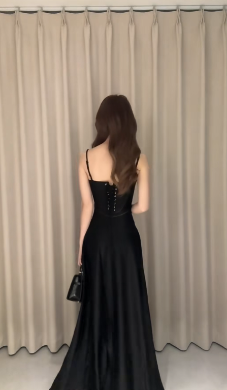 Formal Black A-Line Spaghetti Straps Satin Long Prom Dress, Evening Dress - View 2 | FashionDia