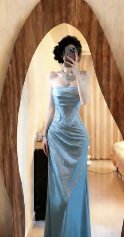 Classy Mermaid Strapless Light Blue Satin Sequin Long Prom Dress, Evening Dress - FashionDia
