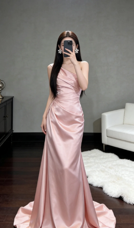 Classy A-Line One-Shoulder Pink Pleated Satin Long Prom Dress, Evening Dress - FashionDia