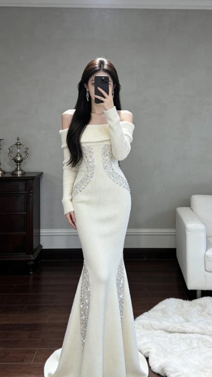 Unique Mermaid Off-the-Shoulder Satin Sequin Long Sleeves Long Prom Dress, Evening Dress - FashionDia