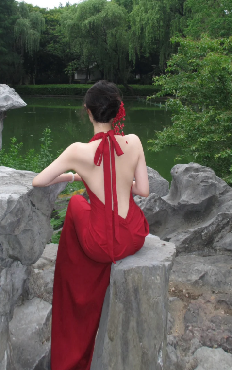 Charming Red Mermaid Halter Satin Backless Long Prom Dress, Evening Dress - View 2 | FashionDia