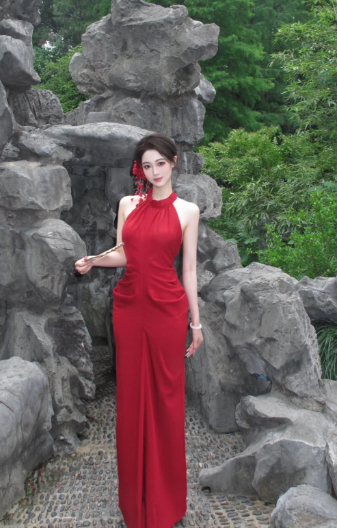 Charming Red Mermaid Halter Satin Backless Long Prom Dress, Evening Dress - View 3 | FashionDia