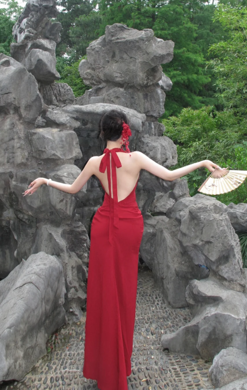 Charming Red Mermaid Halter Satin Backless Long Prom Dress, Evening Dress - View 4 | FashionDia