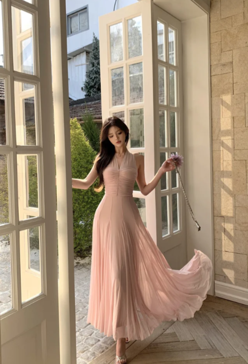 Blush Pink A-Line V-Neck Chiffon Long Prom Dress, Evening Dress - FashionDia
