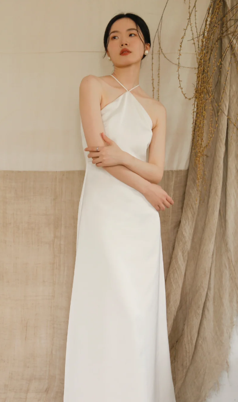 Elegant A-Line Halter Satin Long Prom Dress, Evening Dress - FashionDia