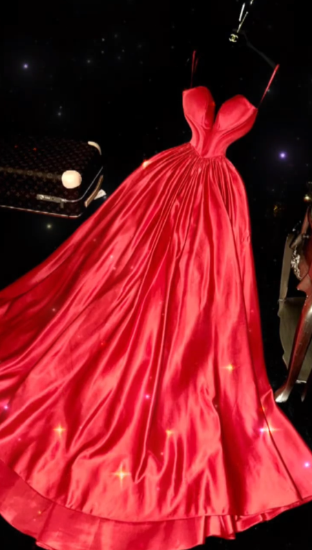 Red Obsessed A-Line Spaghetti Straps Satin Long Prom Dress, Evening Dress - FashionDia