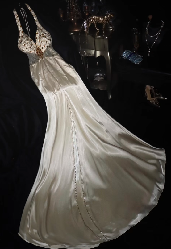 Gorgeous Mermaid Halter Satin Sequin Long Prom Dress, Evening Dress - FashionDia