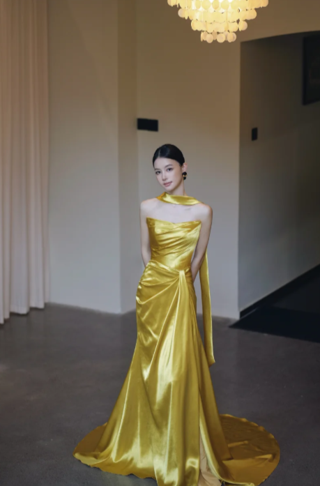 Yellow Mermaid Strapless Satin Long Prom Dress, Evening Dress - FashionDia
