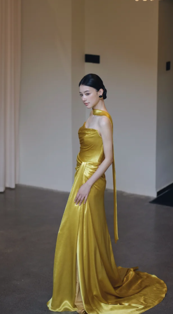 Yellow Mermaid Strapless Satin Long Prom Dress, Evening Dress - View 3 | FashionDia