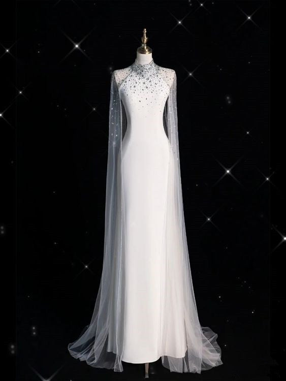 Fairytale Mermaid High Neckline White Long Satin Wedding Dresses With Cape