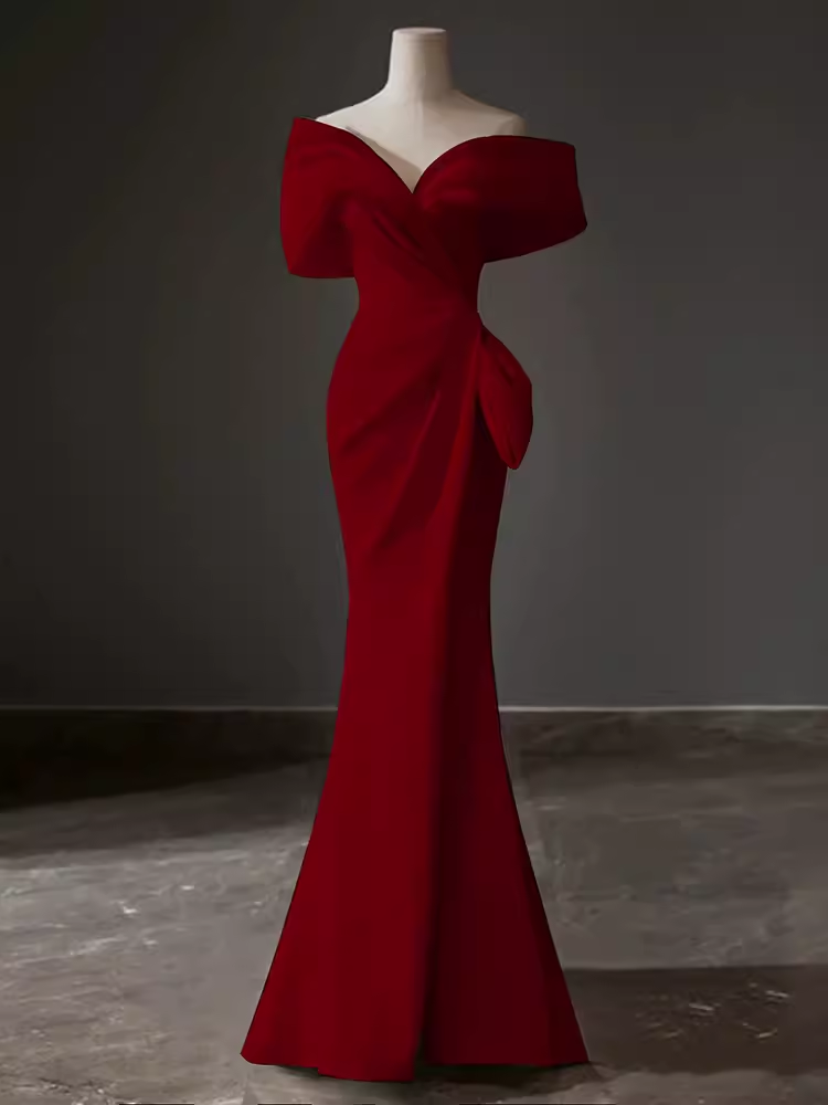 Sexy Mermaid Off The Shoulder Short Sleeves Satin Burgundy Prom Dresses