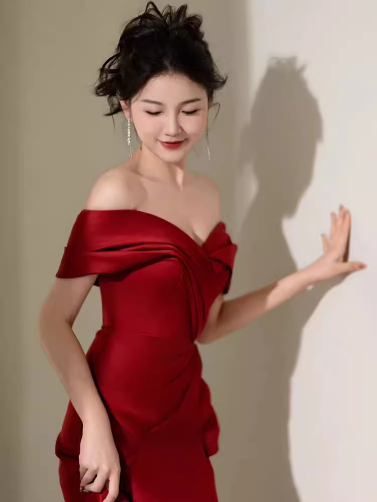 Modest Mermaid Off The Shoulder Satin Red Prom Dress Long Evening Dress