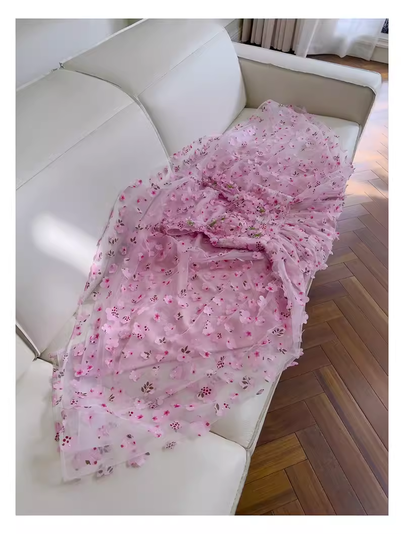 Cute A Line Pink Tulle Flowers Long Prom Dress