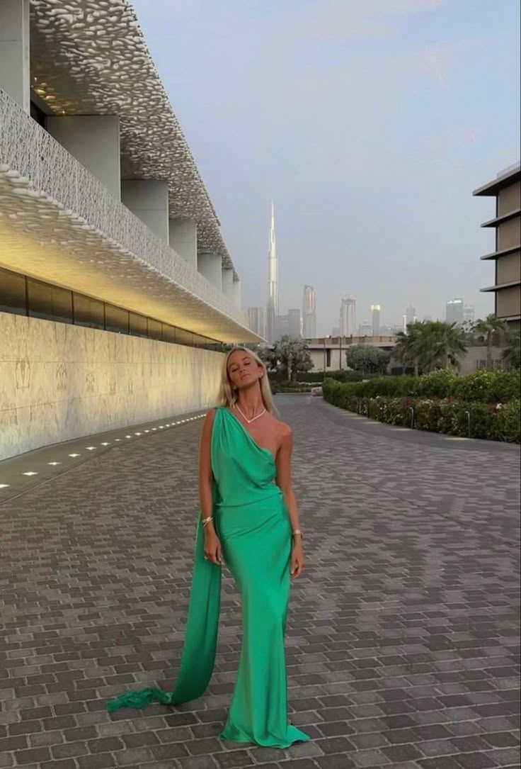 Sexy Green One Shoulder Satin Long Prom Dress,Formal Party Evening Gown