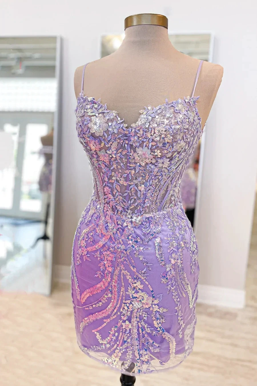 Straps Lavender Sequin Appliques Tight Mini Homecoming Dress (ZD11773)