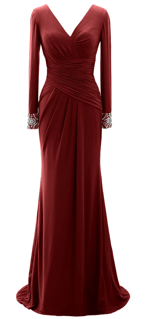 Women Long Mother of Bride Dresses Long Sleeve V Neck Evening Dress Y785 - View 6 | VelvetHem