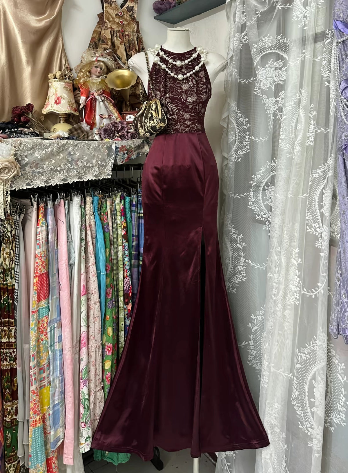 Halter Mermaid Long Prom Dress Lace Formal Evening Dress