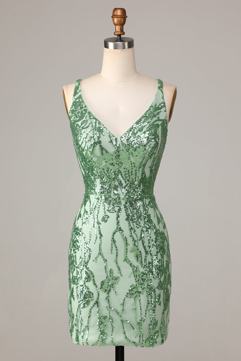 Bodycon Spaghetti Straps Green Sequins Short Homecoming Dress with Cross Back