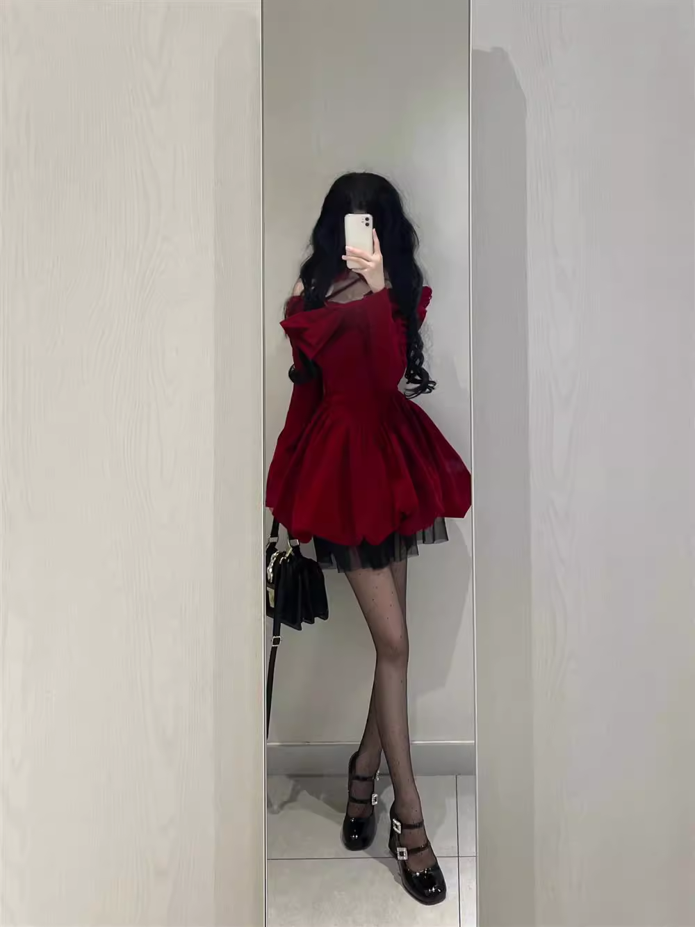 Cute Ball Gown Long Sleeves Velvet Red Short Cocktail Dresses Birthday Outfits - FashionDia