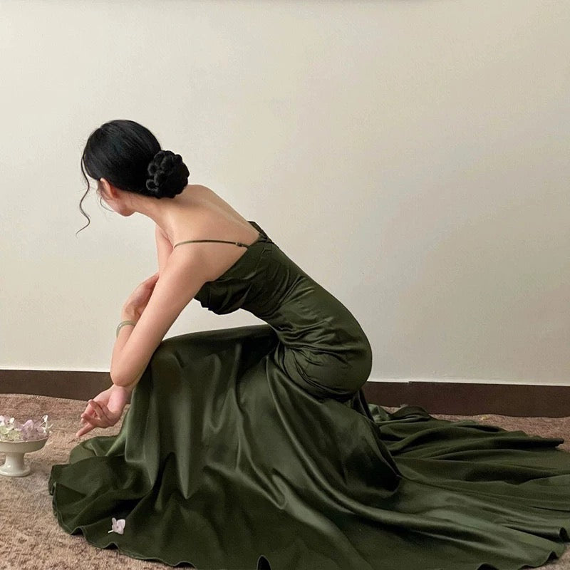 Simple Sheath Spaghetti Straps Floor-Length Olive Green Long Party Dresses Birthday Outfits - View 3 | FashionDia
