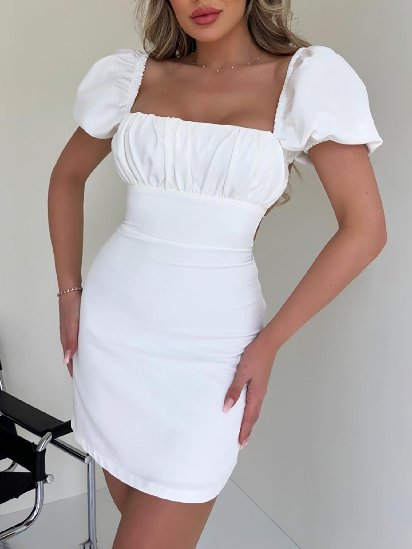 Puff Sleeves Tight Aquare Collar Graduation Party Dress - Fashionpara