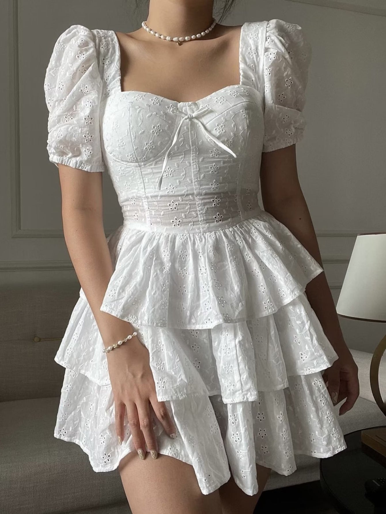 Lace Tight White A Line Puffy Sleeves Short Graduation Party Dress - Fashionpara