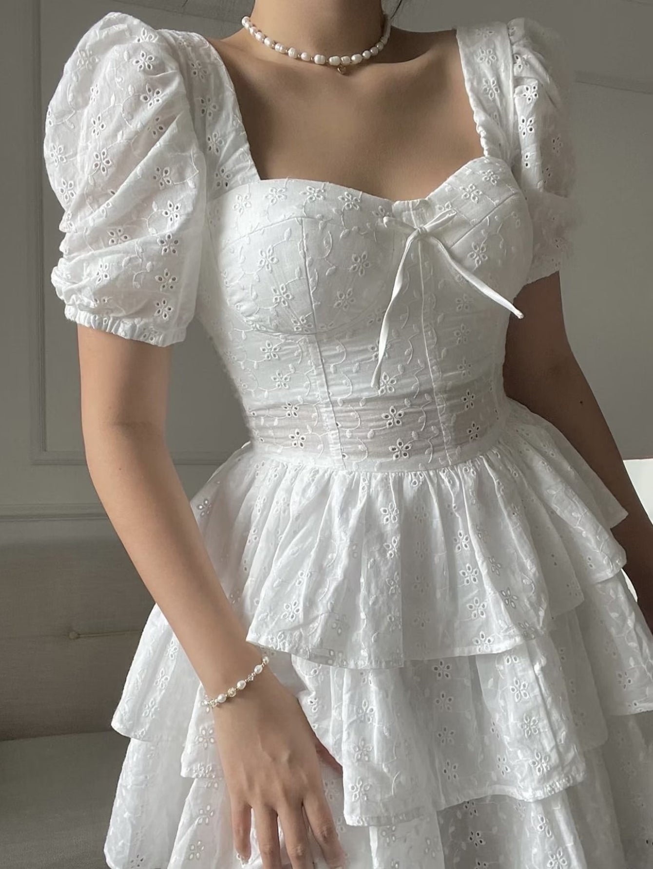 Lace Tight White A Line Puffy Sleeves Short Graduation Party Dress - Fashionpara