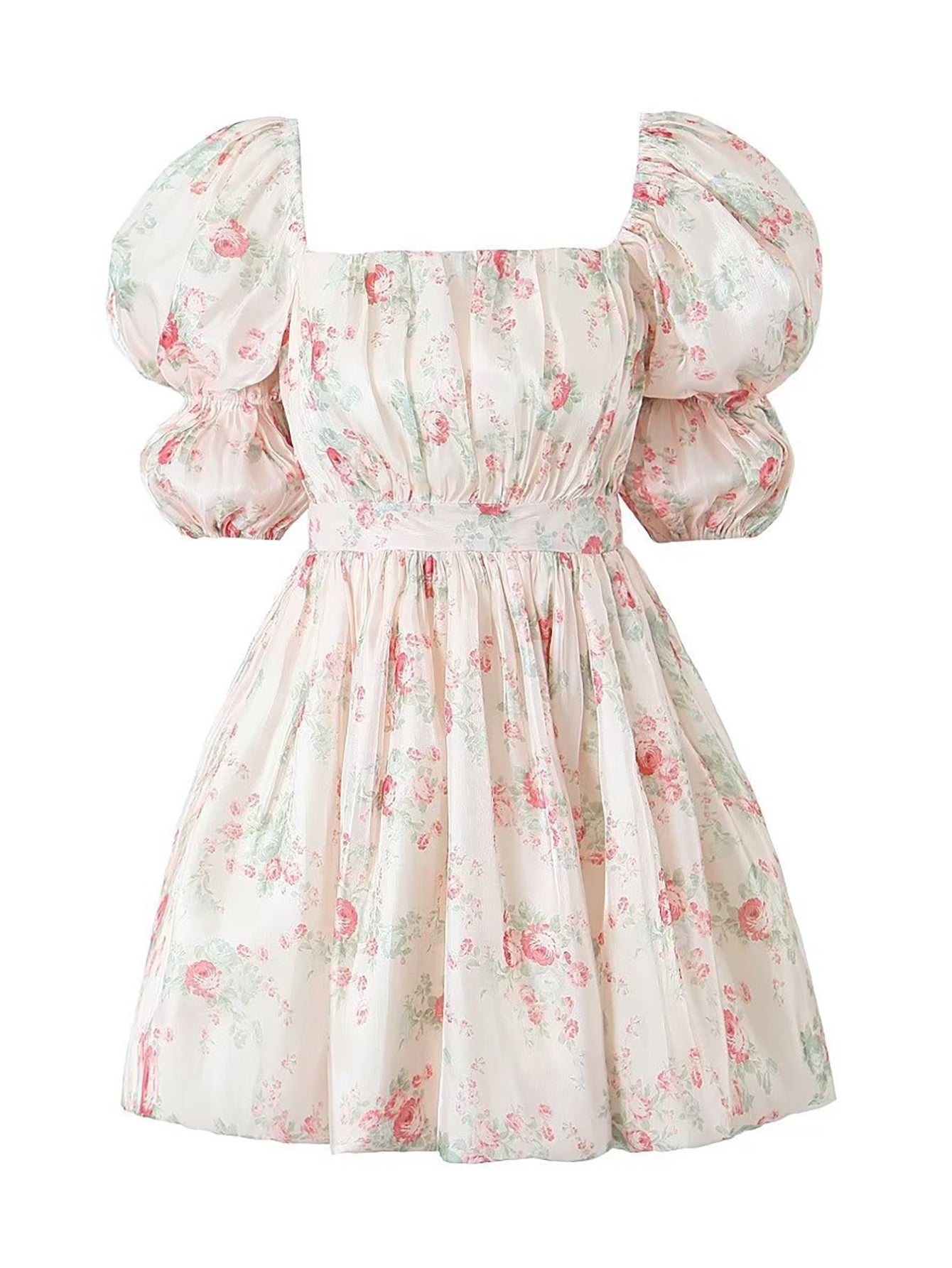 Short Puff Sleeves Cute Pink Aquare Collar Short Graduation Party Dress - Fashionpara