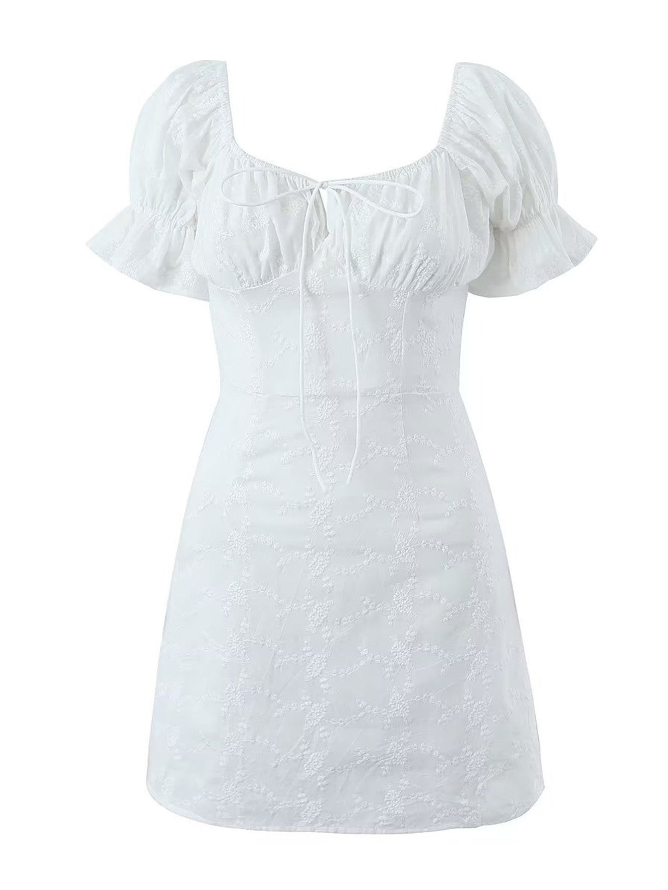 Short Puff Sleeves Cute White Aquare Collar Short Graduation Party Dress - Fashionpara