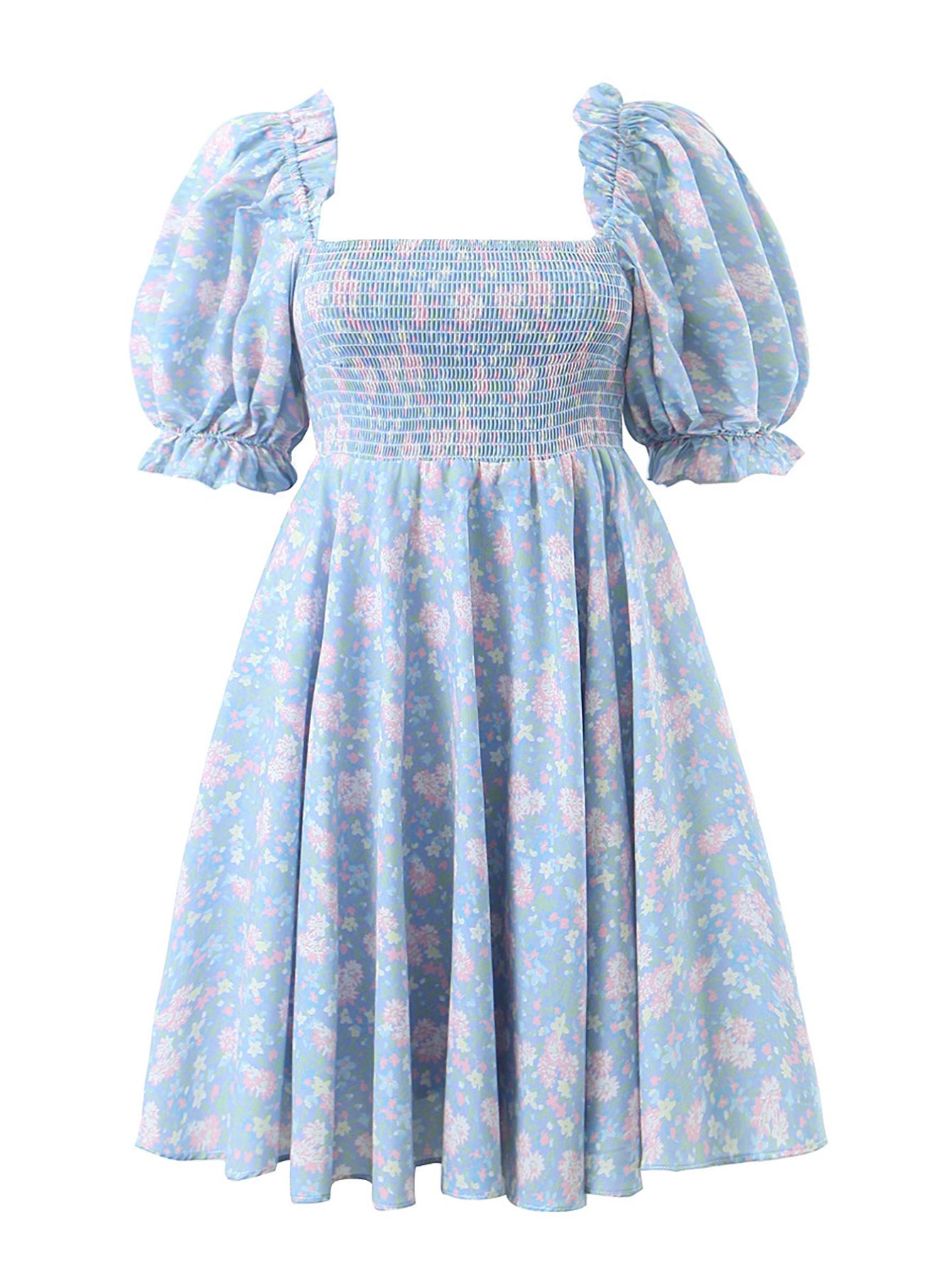 Short Puff Sleeves Cute Blue Aquare Collar Short Graduation Party Dress - Fashionpara