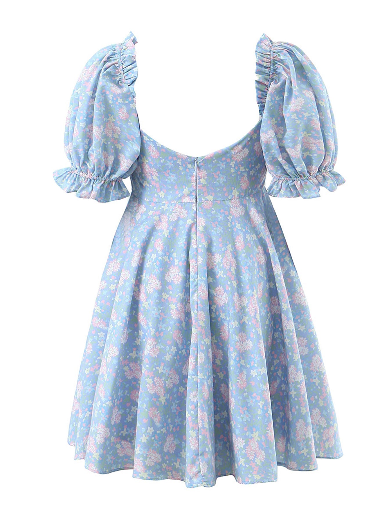 Short Puff Sleeves Cute Blue Aquare Collar Short Graduation Party Dress - Fashionpara