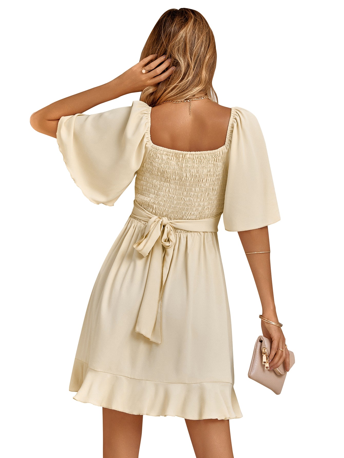 Apricot A Line Ruffles V Neck Short Graduation Party Dress - Fashionpara